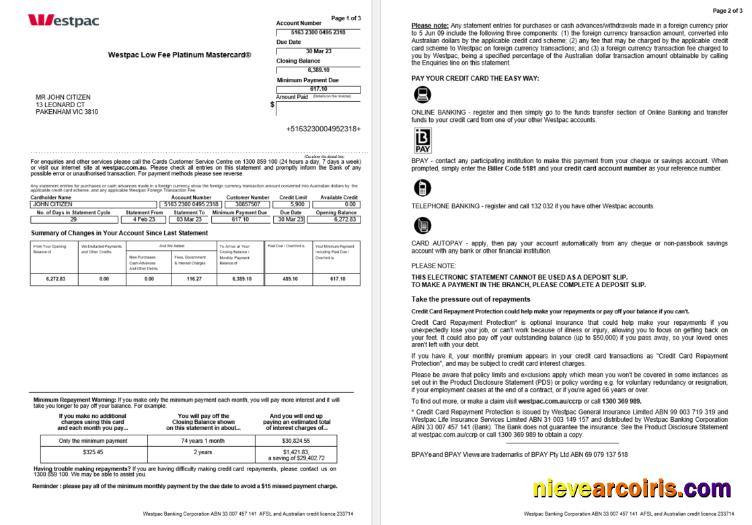 Australia Westpac bank statement Word and PDF, 3 pages 1, 2